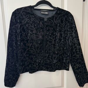 Black Velvet Jacket with Silver Glitter Swirl Design and Decorative Button